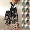 Wide Leg Overalls For Women Casual Loose Sleeveless Jumpsuits Retro Print Metal Button Long Pant Romper Jumpsuit With Pockets