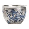 Gilded Silver Blue White Porcelain Dragon Tea Cup Feng Shui Master Cup Handmade Ceramic Gongfu Tea Tasting Cup for Home Decor