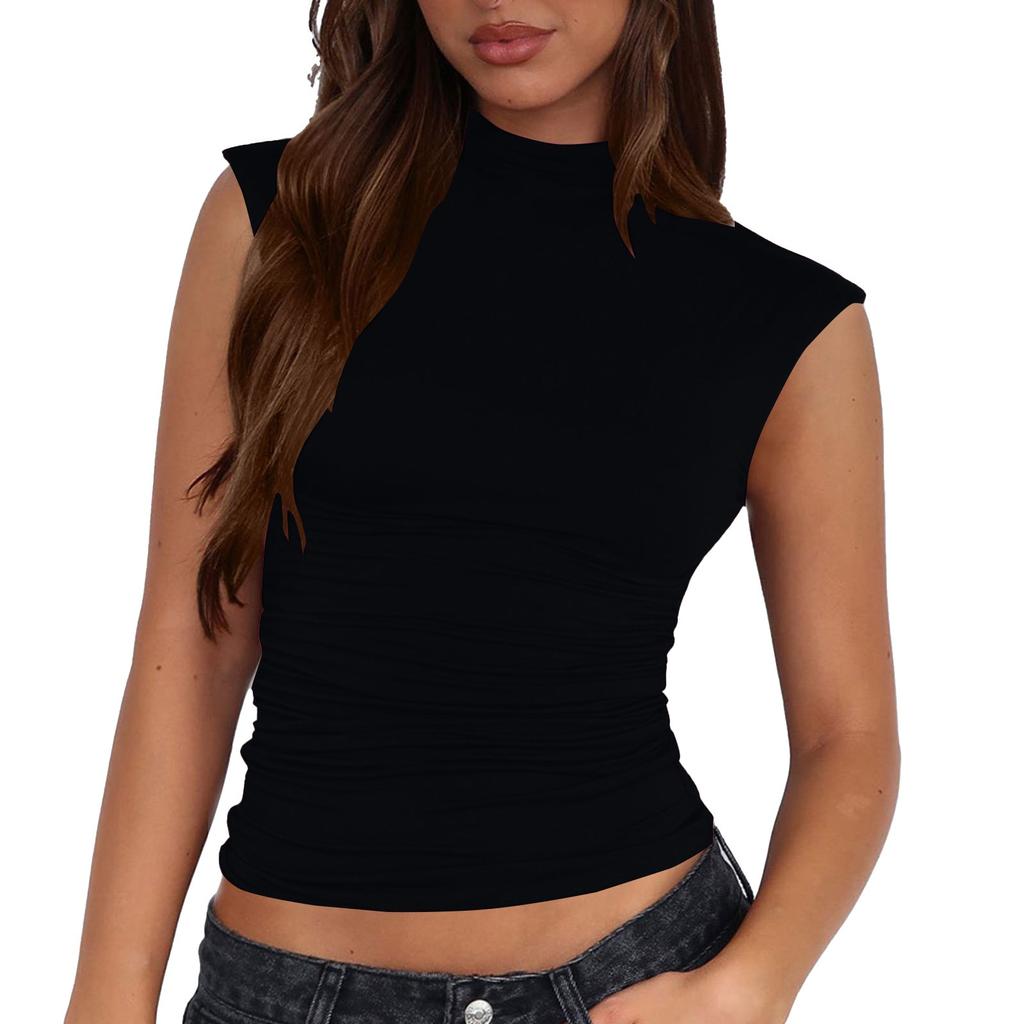 Женский повседневный однотонный топ-майка с полувысоким воротом, облегающий, без рукавов, универсальный