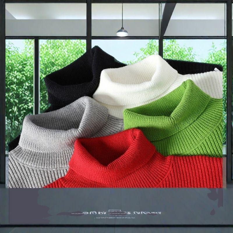 Мужской свитер крупной вязки с высоким воротником - Модный повседневный топ с длинным рукавом однотонной расцветки