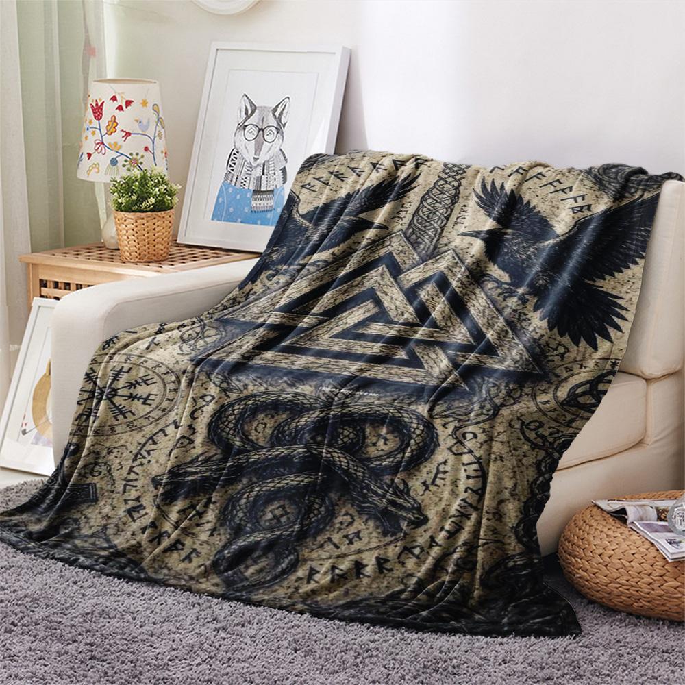 Norse Rune Raven Serpent Vintage Print Flannel Throw Blanket, Soft Warm Sofa Bed Cover, Mythology Home Decor Blanket