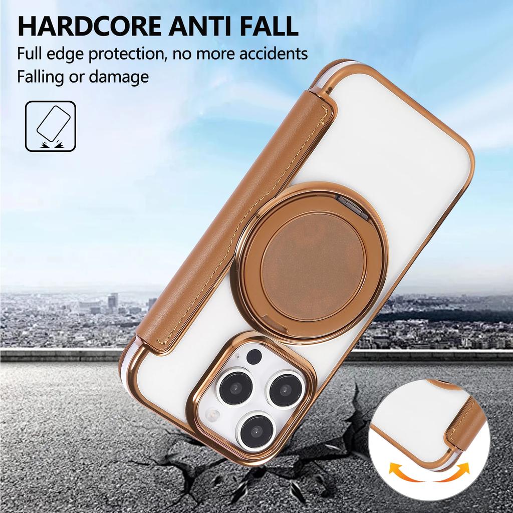 Кожаный чехол-книжка без магнитной застежки для iPhone 17 Air 16 Pro Max 16E 15 Plus 14 13 12 Magsafe 360-градусная вращающаяся подставка Перекидная крышка