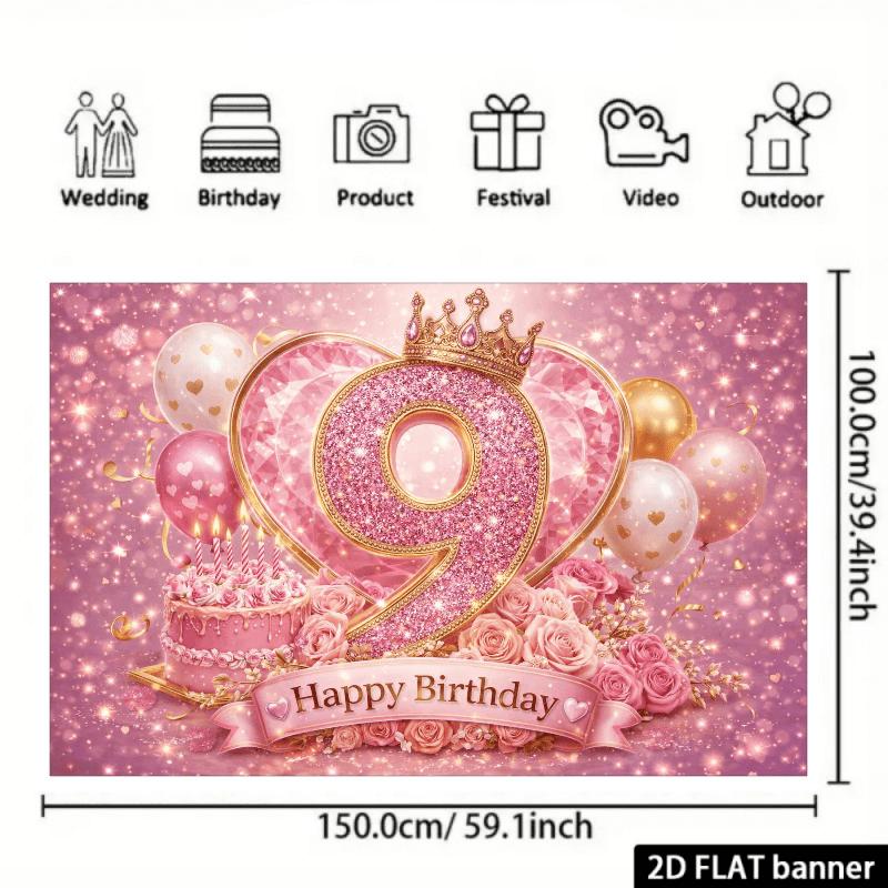2D flat number 9 background fabric, 9th birthday theme, durable polyester material, indoor and outdoor celebration activities