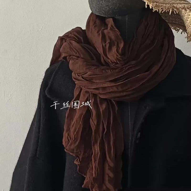 Vreovor Solid Color Hand Feel Scarf Retro Autumn Winter New Pleated Green Thin Strip Shawl Men'S Women'S Thermal Silk