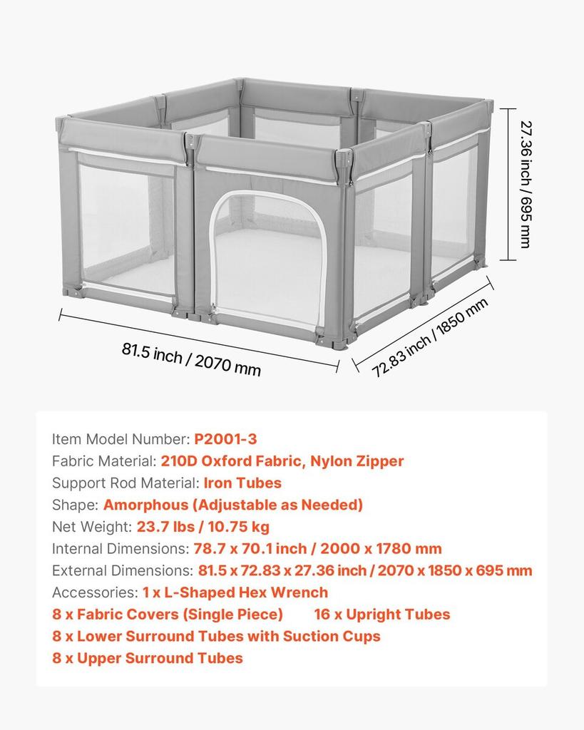 Baby Playpen, 2000 x 1780mm Extra Large Toddlers Playpen, Foldable Baby Fence Play Yard with Zippered Door & Soft Breathable Mesh, Indoor Outdoor