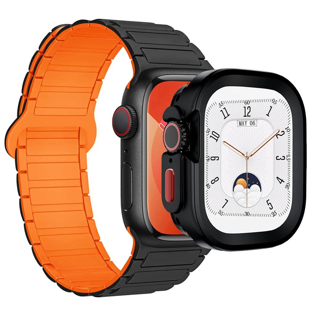 Ремешок+Чехол для Apple Watch Ultra 2 49 42 45 44 S10 46мм Магнитный силиконовый ремешок+чехол для IWatch Series 9 8 7 6 5 4 42мм 40 41мм