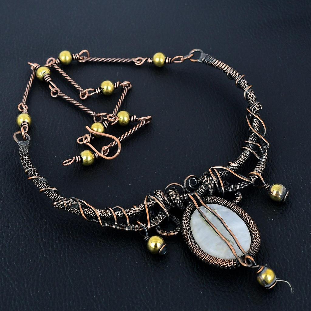 Ожерелье из радужного лунного камня, обернутое медной проволокой 999 пробы, регулируемое, цепочка, ожерелье из драгоценного камня ручной работы, подарок для мамы, антикварные украшения