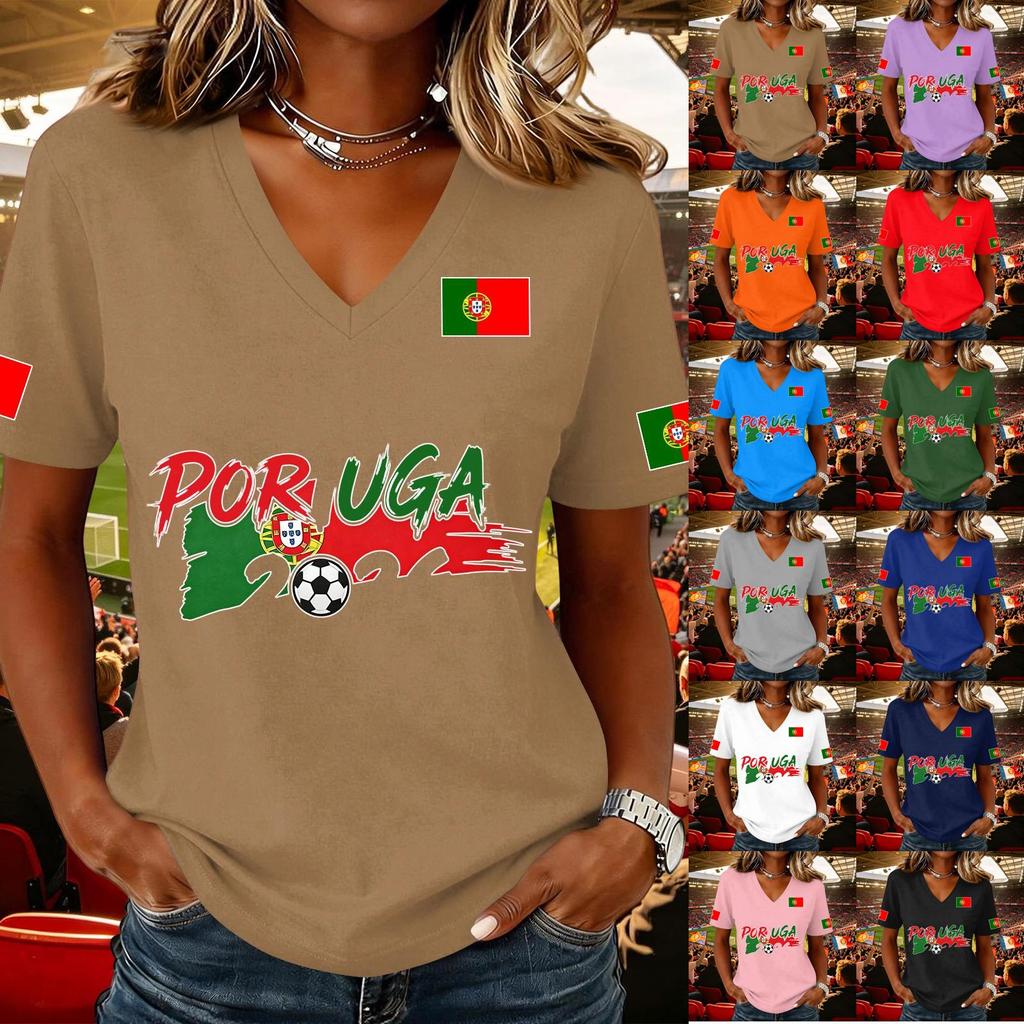 Women V Neck Pullover T Shirt Short Sleeve Casual Soccer Flag Print Top Supporter Jersey Tee for Game Day Wear