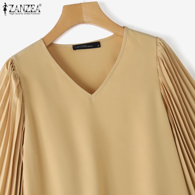 ZANZEA Women Casual V-Neck Pleated 3/4 Sleeve Loose Blouse