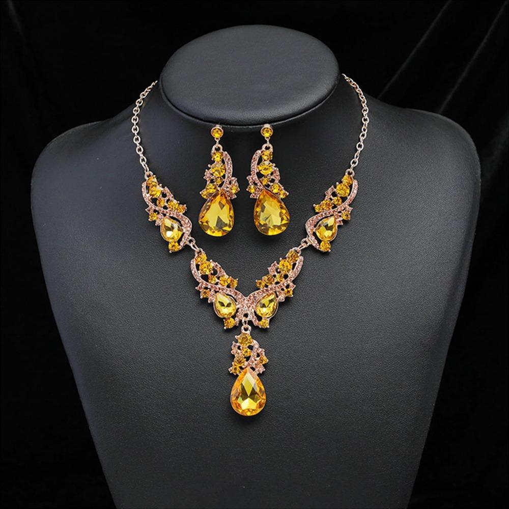 Exaggerated Rhinestone Jewelry Set Crystal Women's Necklace Water Drop Necklace Earrings Set  Women