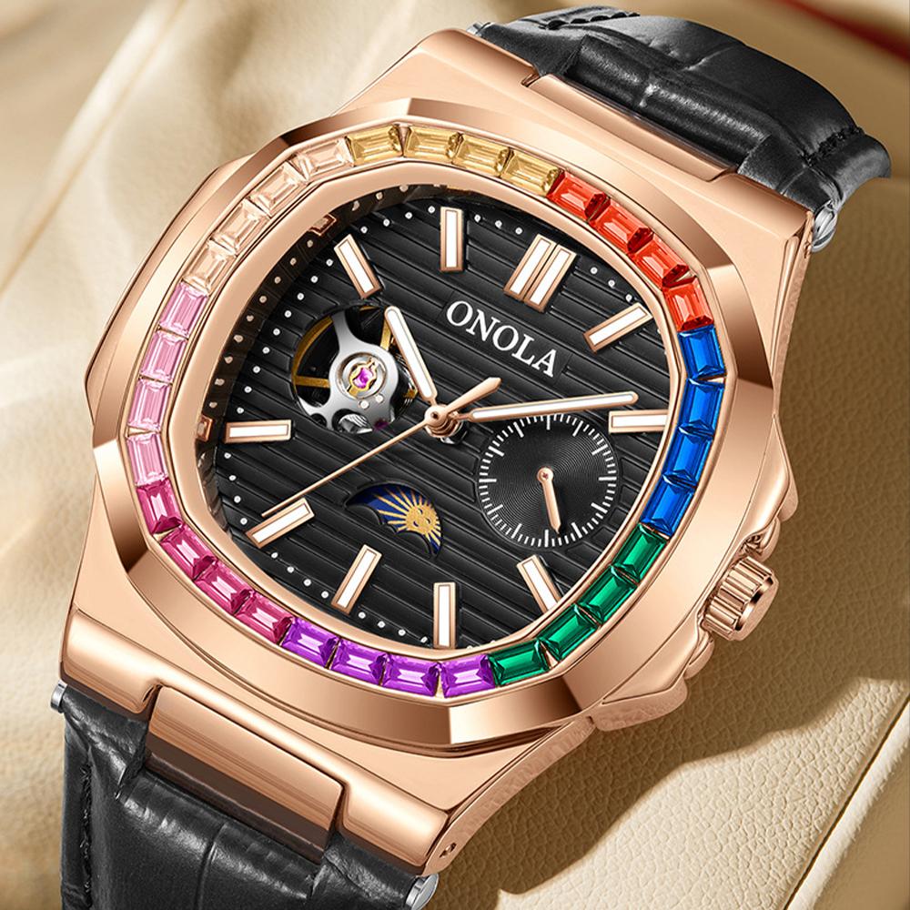 Fashion Colorful Diamond Hollow Wristwatch Automatic Mechanical Men's and Women's Watches Waterproof Leather Watch Men's Clock