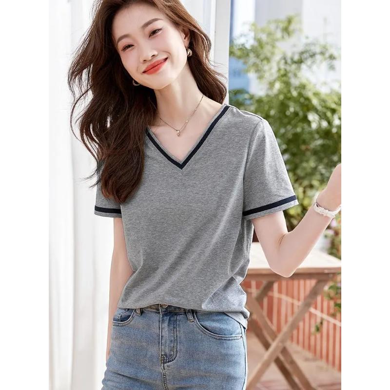 Летняя Новая Модель С V-образным Вырезом Универсальная Модная Стильная Повседневная и Удобная Корейская Футболка с Коротким Рукавом Топ