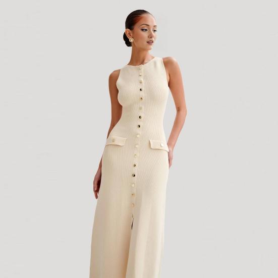 Летнее женское платье трикотажное платье-футляр Slim Fit сплошной цвет с круглым вырезом эластичное однобортное платье без рукавов на пуговицах длиной до середины икры