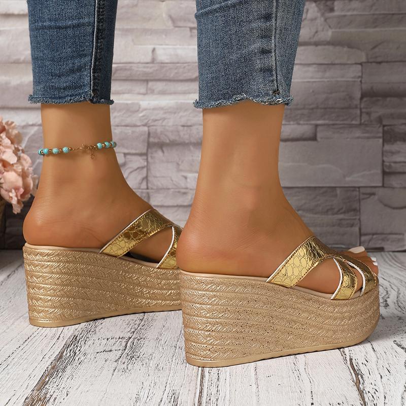 Модные женские сандалии на платформе и танкетке, летняя мода, золотые, серебряные сандалии на танкетке, женский брендовый дизайн, толстая подошва, пляжные шлепанцы, 35-43