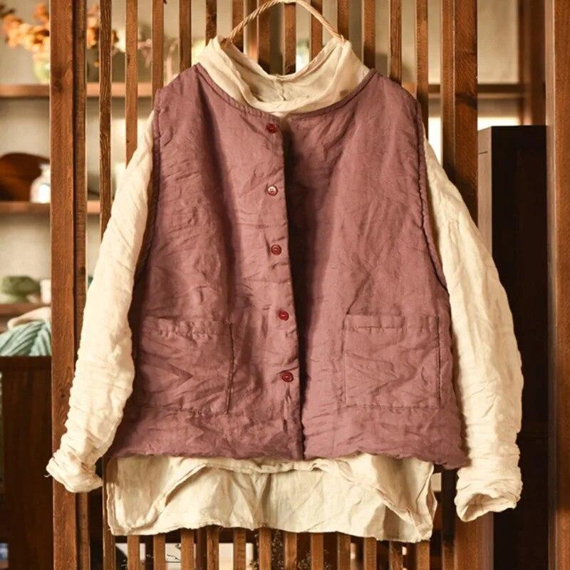 Johnature Women Vintage Button Vests Coats Plus Cotton Solid Color Clothes Spring O-Neck Women Vests Coats