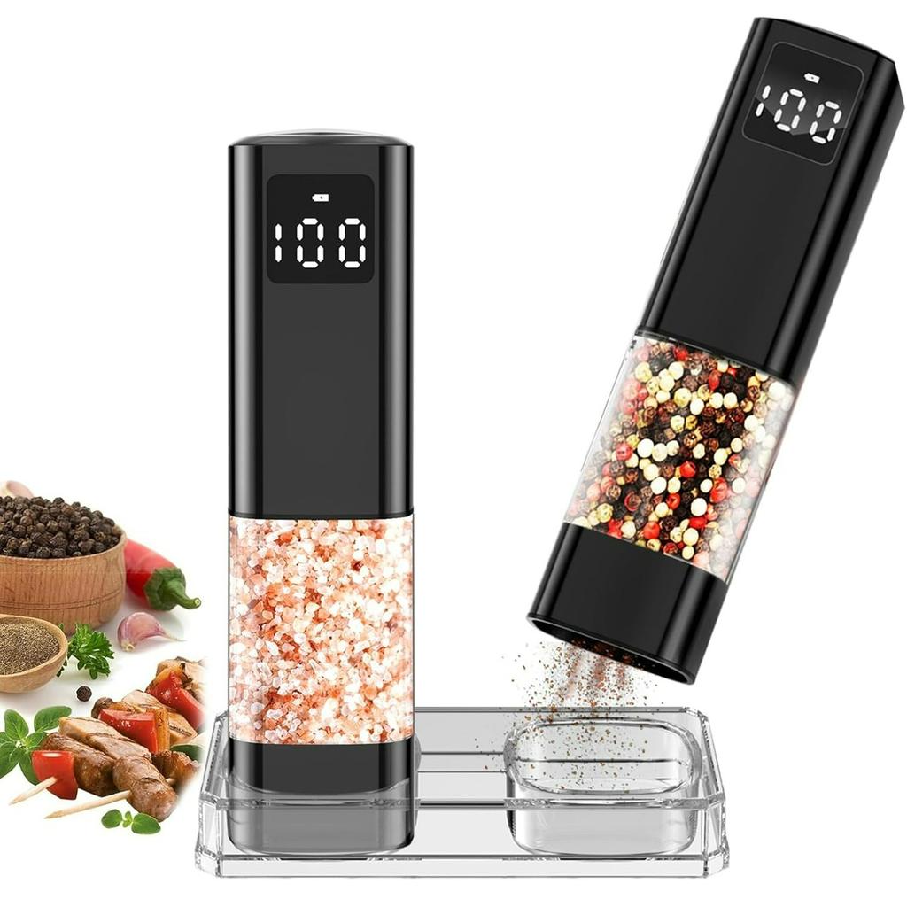 Electric Salt and Pepper Grinder Set,Rechargeable Electric Pepper Grinder with LED Display,Adjustable Coarseness,Large Capacity Refillable Salt