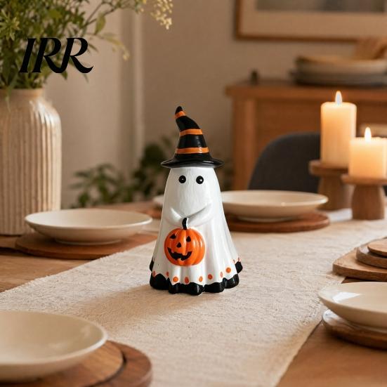 Unique Ghost Art Piece Halloween Figurine with Witch Hat, Cute Small Resin Decorative Holding Pumpkin Statue for Home Table Shelf Desk Decor