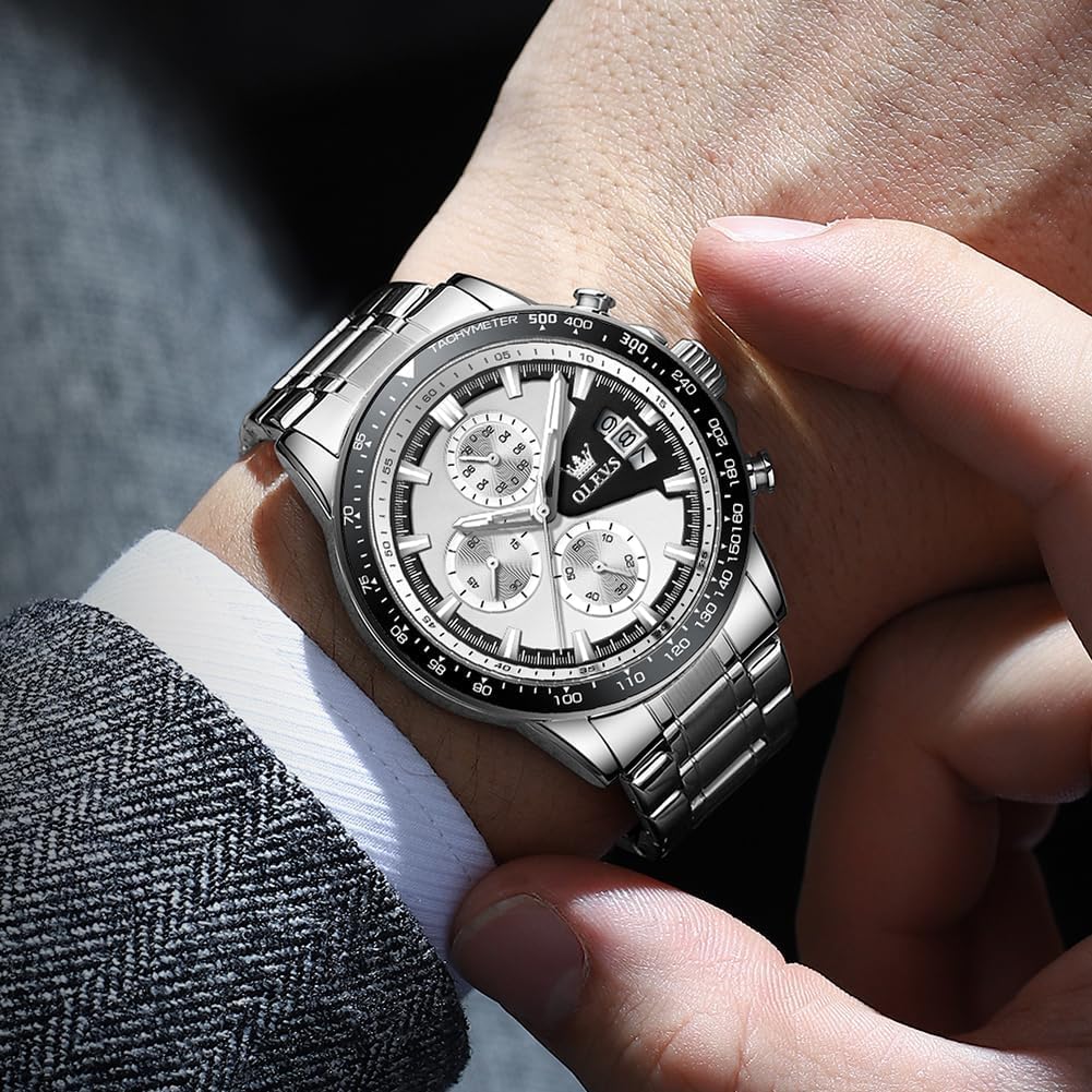 OLEVS Watch Men Quartz Stylish Multifunction Stainless Steel Waterproof Luminous Date Analog Fashion Student Business Watch for Men White