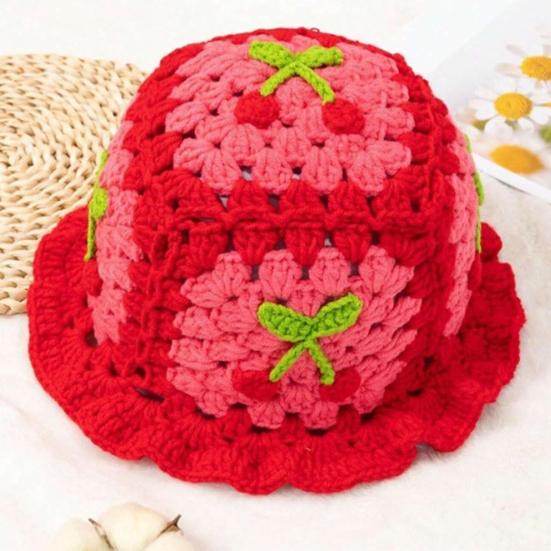 Мультяшная шерстяная шапка с аппликацией из вишни, вязаная шапка, детский головной убор цвета конфет, детская шляпа-ведро, детская вязаная шапка для фотосъемки, дни рождения, вечеринки на открытом воздухе, кепка