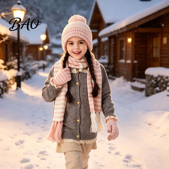Soft Skin Friendly Winter Set 1 Hat Scarf Gloves for Kids, Fleece Lined Striped Knit with Children Elastic Ribbed Pom Pom, Cozy Toddlers Boys