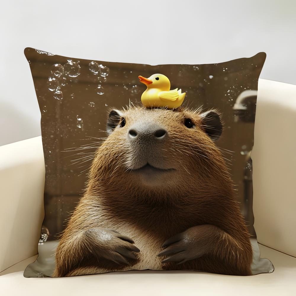 Cute Anime Capybara Cushion Cover Natural Linen Organic Fabric Double-Sided Printing Breathable Perfect For Home Decor