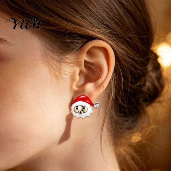 Fashionable Seasonal Ear Jewelry 1 Pair Christmas Stud Earrings for Women, Cute Enamel Santa Alloy Studs Claus And Reindeer Earrings, Holiday