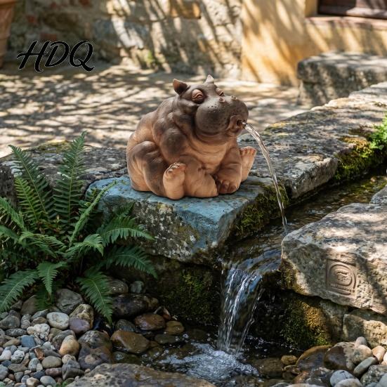 Decorative Hippo Statue Water Spitting Hippopotamus Figurine Realistic Resin Statue Animal Pond Decor Fountain Sculpture