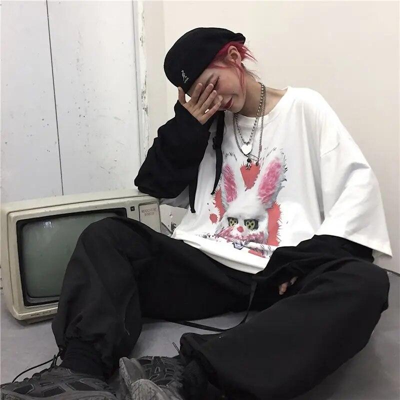 Осенняя женская одежда, футболка с длинным рукавом для женщин, уличная одежда, аниме, готический винтажный топ в стиле хип-хоп, свободная футболка большого размера Y2k