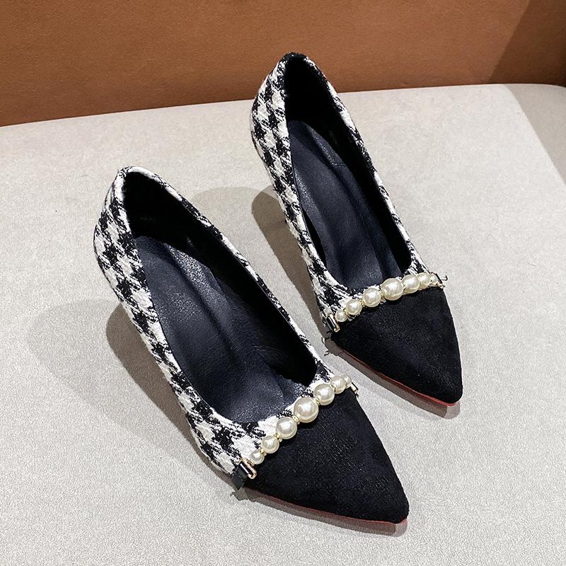 Fashion New Women Black High Heels Shoes Houndstooth Pumps Black Toe Costume Tweed Boat Shoes Pearls Designer Shoes Dress Work Shoes