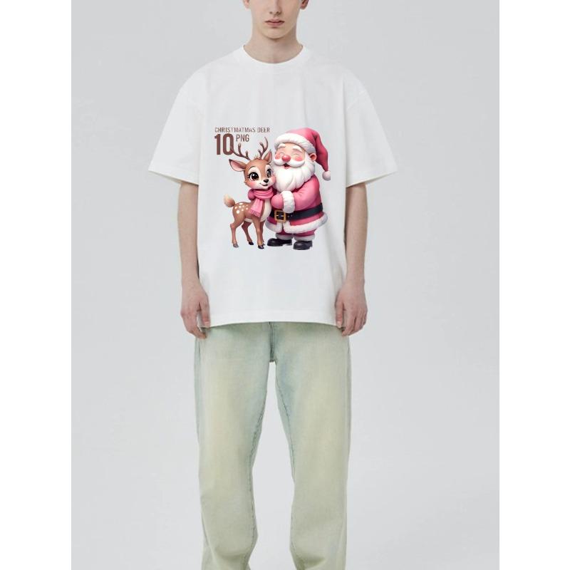 Рождественская футболка Черный Санта Клаус и Олень Мультяшный Принт для Праздничного Сезона