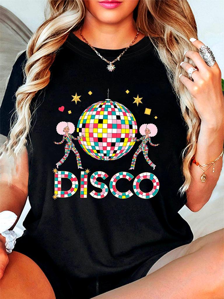 Большой размер, Женская футболка с графическим принтом DISCO большого размера, Повседневная футболка с коротким рукавом и круглым вырезом для лета и весны, Женская одежда