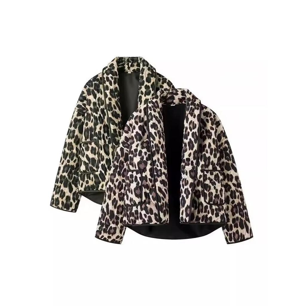 Весна Осень Винтажный Стеганый Мешковатый Топ с Отворотом Открытый Воротник Свободный Верх Кардиган Леопардовый Принт Куртка Свободный Повседневный Верх Пальто Для Женщин