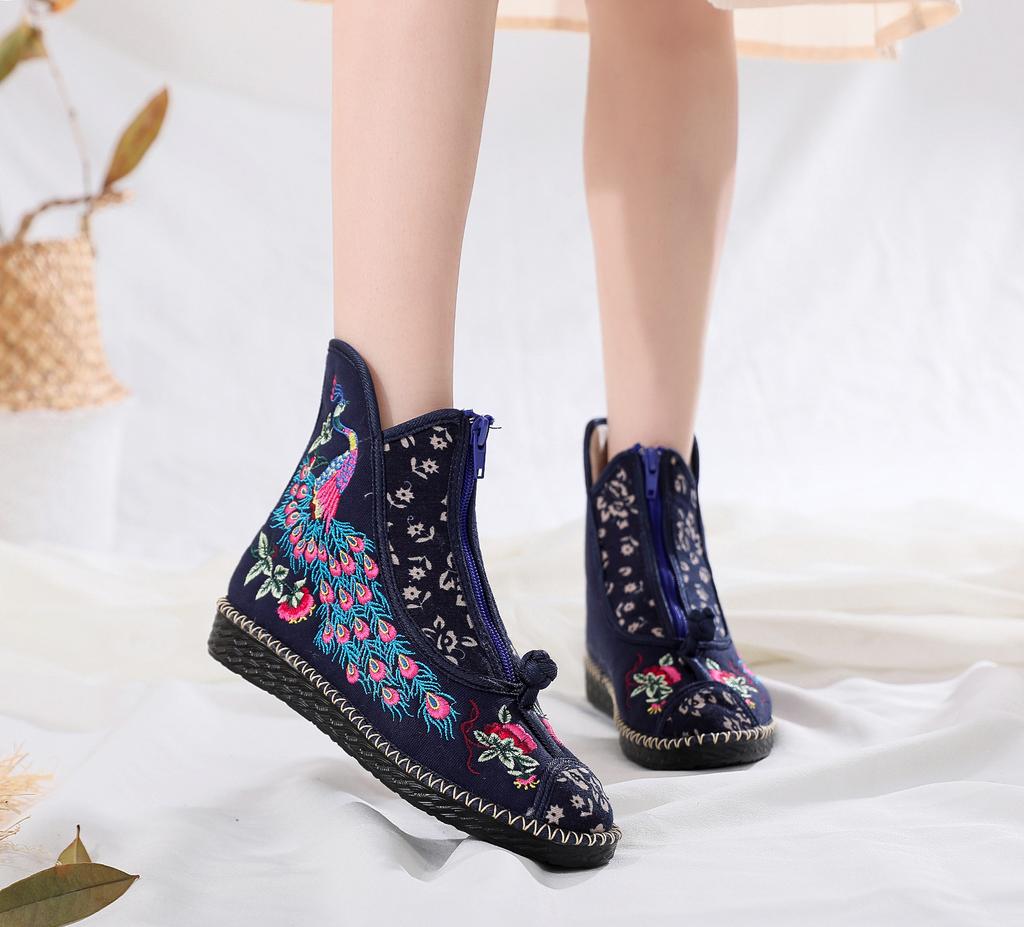 Ankle Boots for Women New Spring and Autumn Flat Bottom Cloth Shoes Ethnic Style Low Barrel Short Boots Embroidered Shoes Women