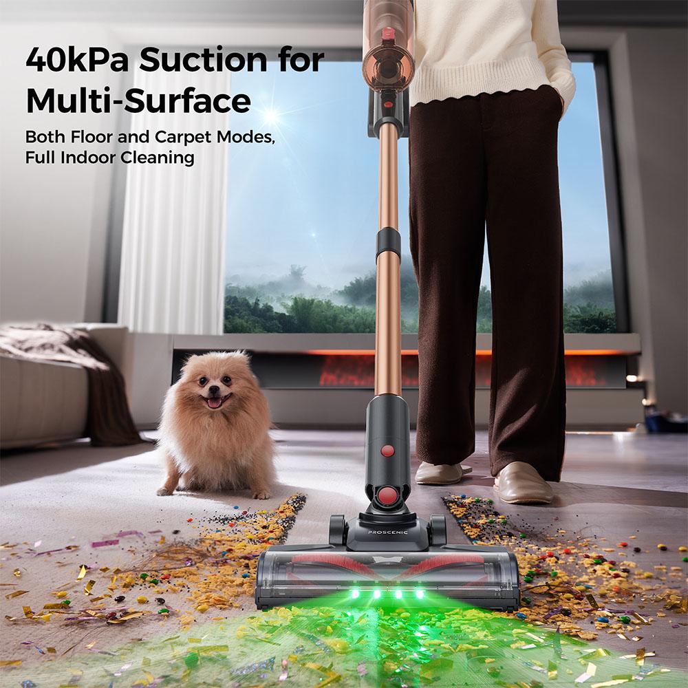 Беспроводной пылесос Proscenic P11 Ultra, мощность всасывания 40 кПа, время работы 40 мин, щетка без спутывания, 4-ступенчатая фильтрация, зеленые светодиодные фары