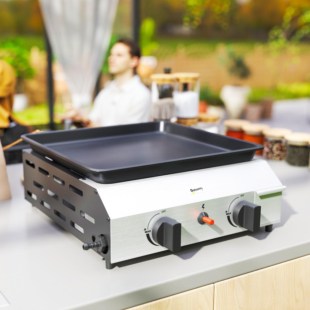 Gas Grill 8000BTU/2.4 KW Grill Cart incl. 2 Stainless Steel Burners Pressure Regulator 44 x 44.5 x 19 cm Silver+Black