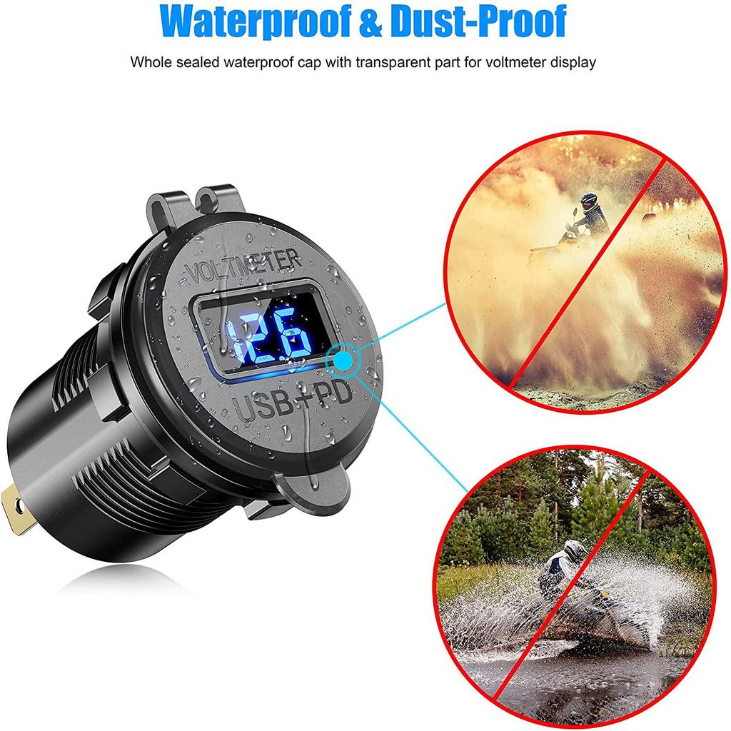 Автомобильное зарядное устройство Quick Charge 3.0 USB PD Type-C, розетка USB 12 В со светодиодным вольтметром и переключателем ВКЛ/ВЫКЛ, водонепроницаемая для морских лодок, мотоциклов и т. д.
