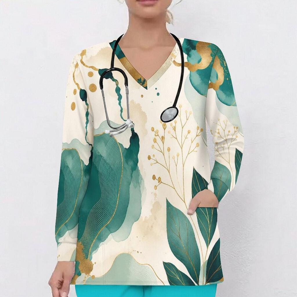 Women Plus Size V Neck Long Sleeve Marble Print Nurse Scrub Top Blue Black Gold Front Pockets