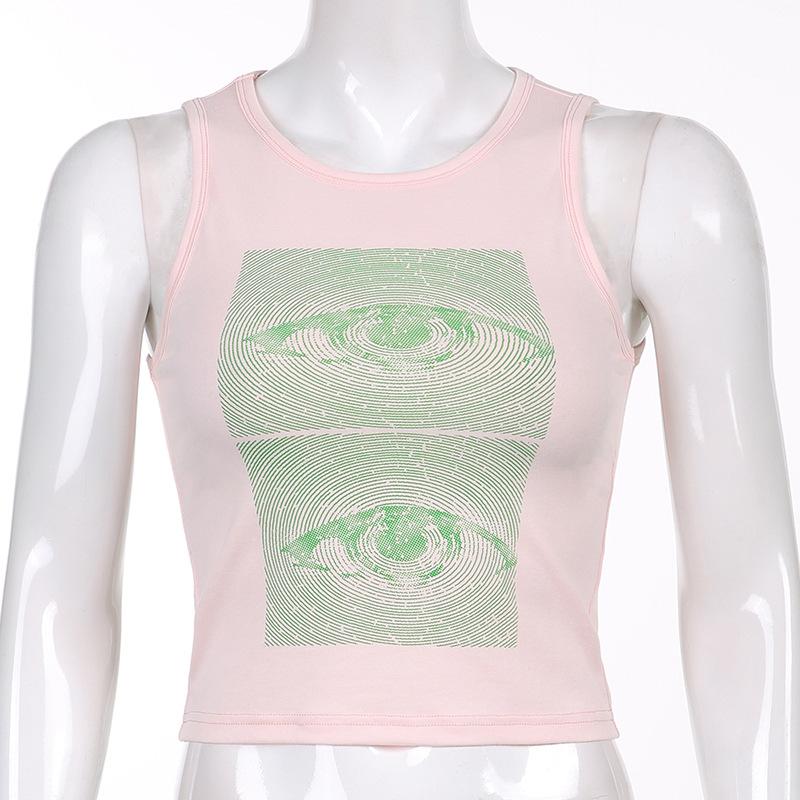 Майки с принтом глаз в стиле Харадзюку, корсетные топы, винтажная модная уличная одежда, укороченный топ без рукавов, женские повседневные спортивные костюмы в стиле гранж