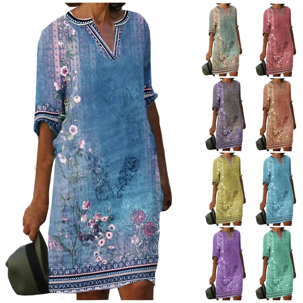 Платья для женщин. Винтажное платье-туника с принтом и талией. Летнее повседневное платье с половиной рукавов.