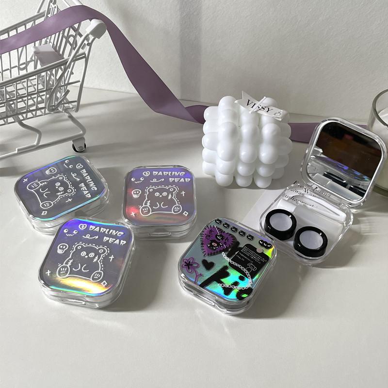 Новая модная лазерная красочная коробка для ухода за контактными линзами с зеркалом, школьные путешествия, портативные цветные контактные линзы, дуплексный чехол-органайзер