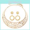 Fashion Solid Color Hollow Design Women Metal Necklace Collar Round Earring Set For Gift And Occasion