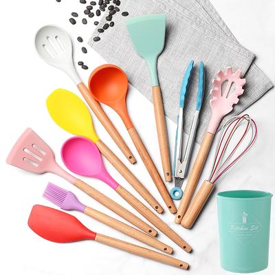 12 шт., силиконовые кухонные принадлежности, набор инструментов для приготовления пищи, набор посуды с антипригарным покрытием, лопатка, деревянная ручка, посуда, кухонные аксессуары