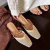 Fashion Vintage Woven 1 Slip-on Toe Half Slippers Women's New Outwear French Fairy Style Thick Heel Holiday Shoes