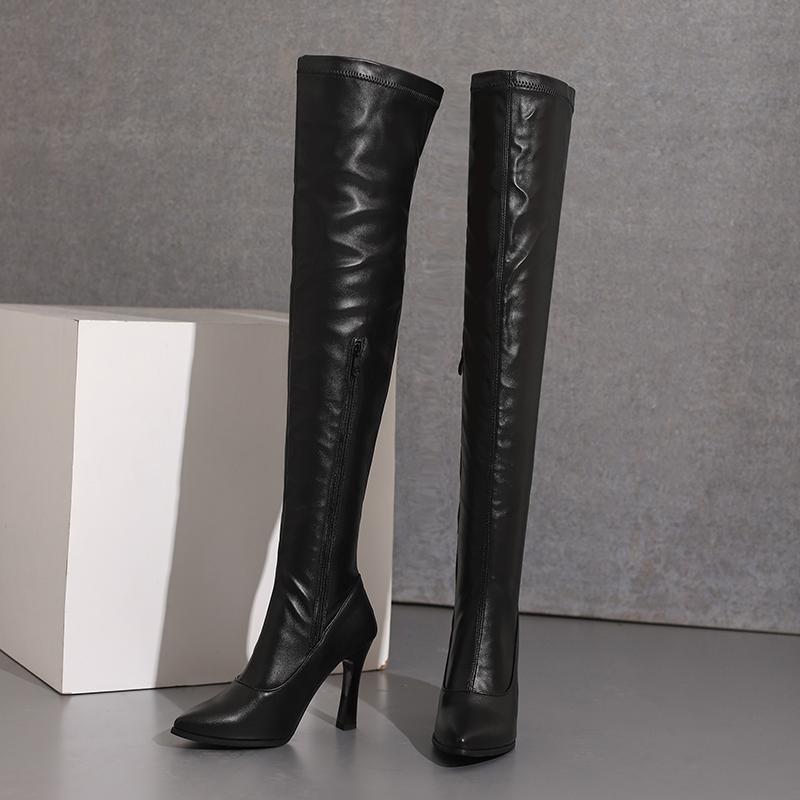 Сапоги женские, мягкие, эластичные, тонкие, выше колена, черные, белые, на высоком каблуке, туфли для вечеринок, женские, большой размер 50