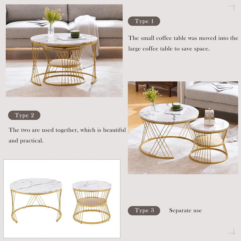 Flieks Coffee Table Set of 2, High-Gloss Living Room Table with Storage, for Living Room and Balcony - Metal Frame, Gold and White