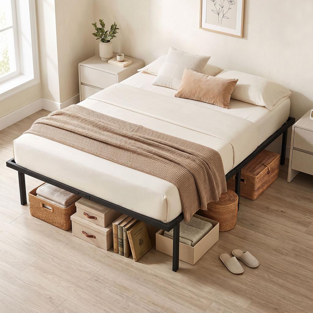 4Ft6 Double Bed Frame With Underbed Storage Metal Platform Bed Frame With Steel Slat Support No Box Spring Needed