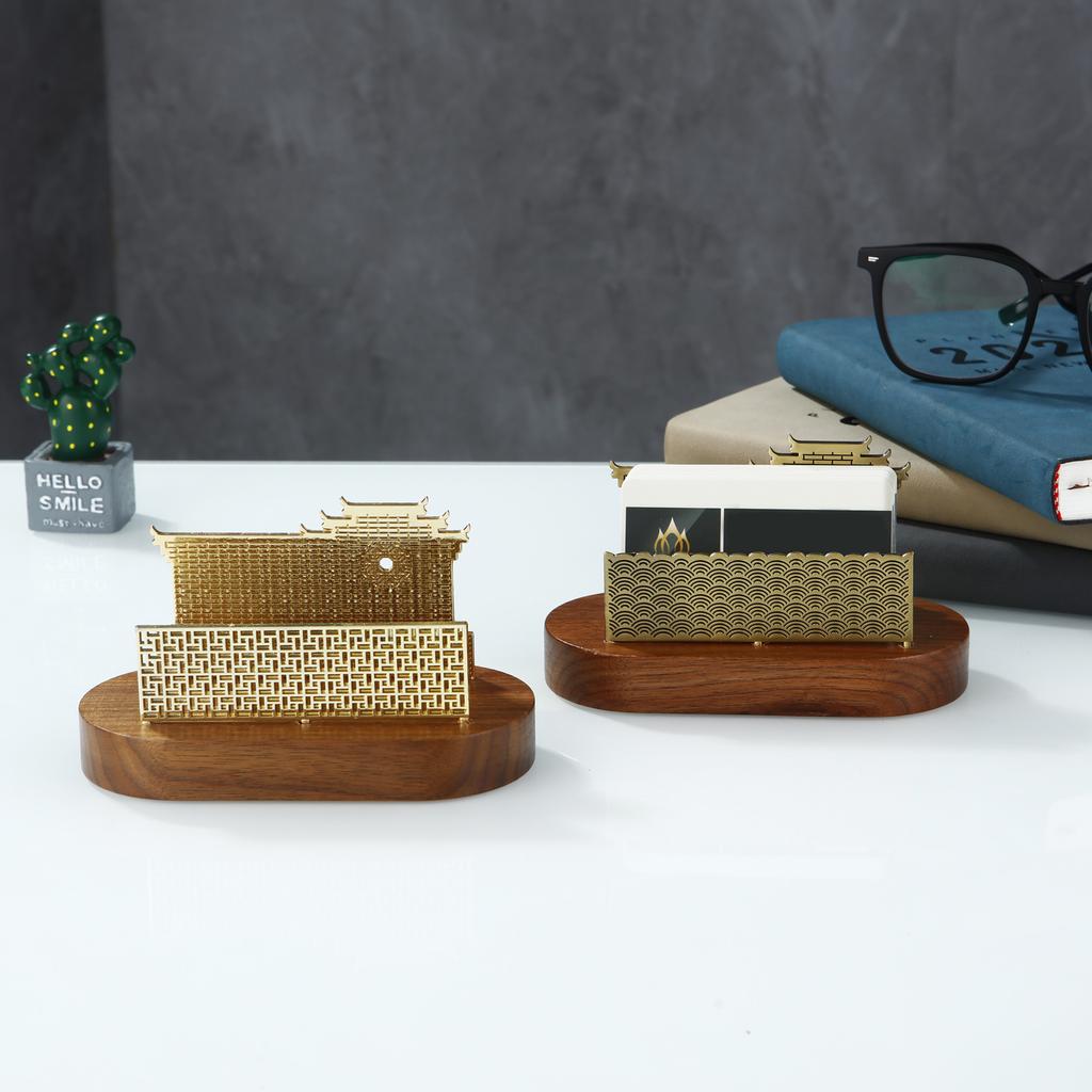 Wooden Business Card Holder Metal Organizer Office Desk Display Stand Memo Counter Accessories Tabletop Card Holder Storage