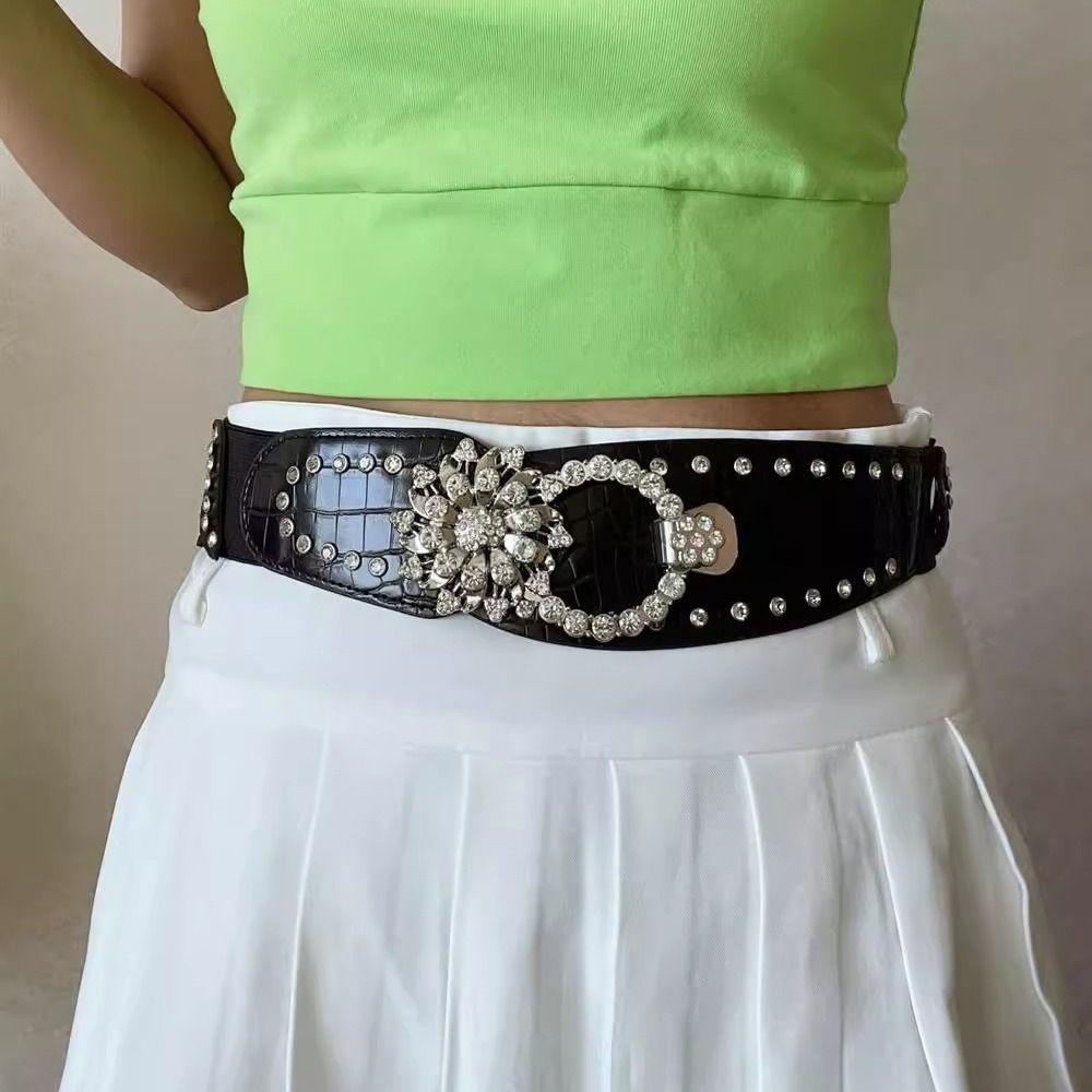 Metal Buckle Elastic Cummerbunds Waist Closure Wide Rhinestone Belt Decorative Jeans