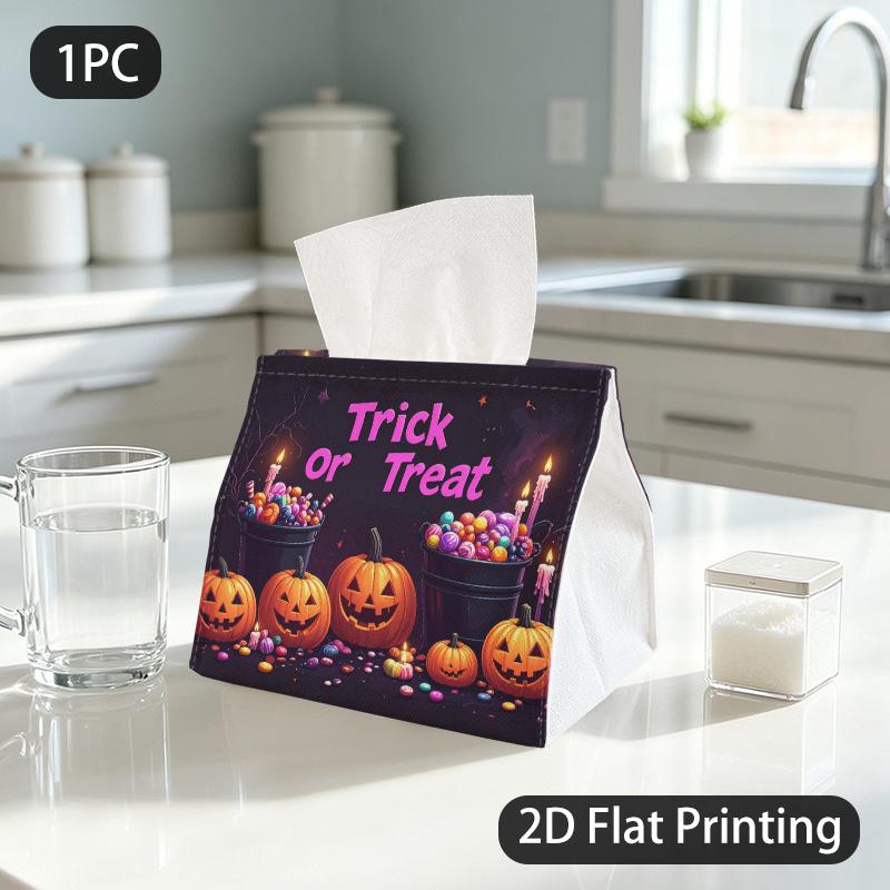 1pc Tissue Box, Halloween Trick Or Treat Pumpkins Candles Pattern, 2D Flat Printing, Many Uses, Folds Flat, Tissue Pouch, for The Dining Table, 2D Fla
