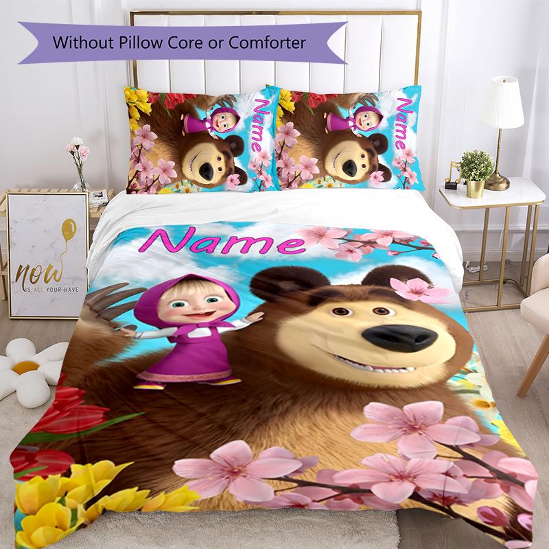 3pcs Custom Name Cartoon Masha and the Bear Bedding Set Duvet Cover Closure Includes 1 Duvet Cover & 2 Pillowcases for All Seasons Bedroom Decor